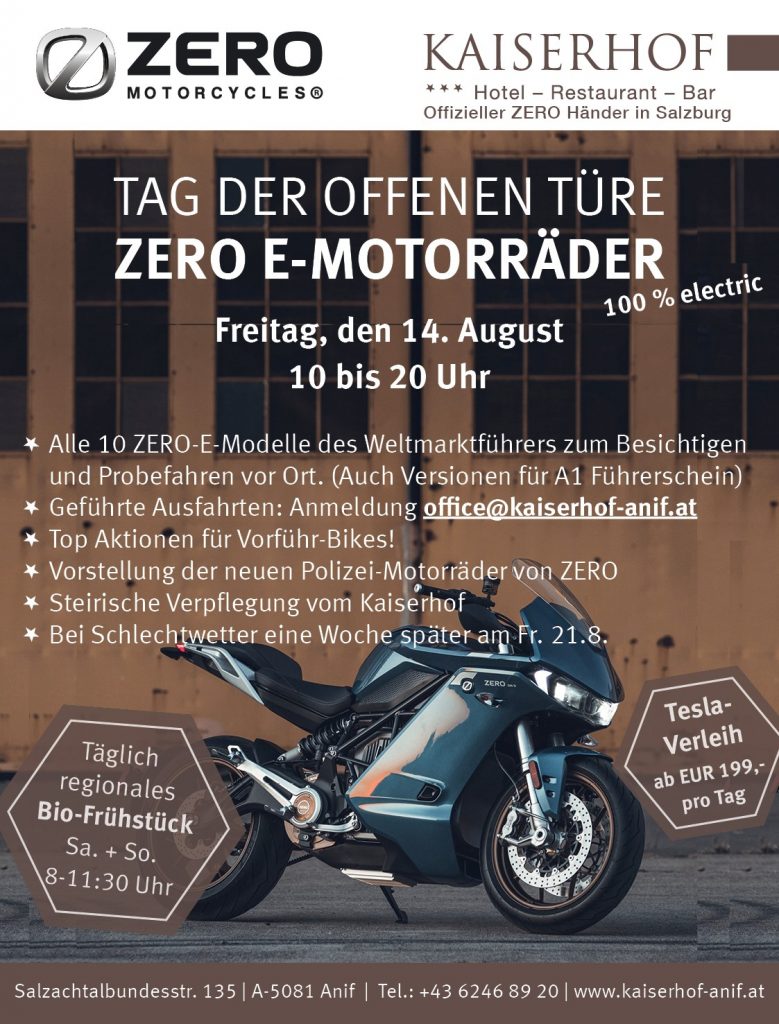 Tag der offenen Türe im Kaiserhof in Anif – mit dabei sind die E-Motorräder von ZERO