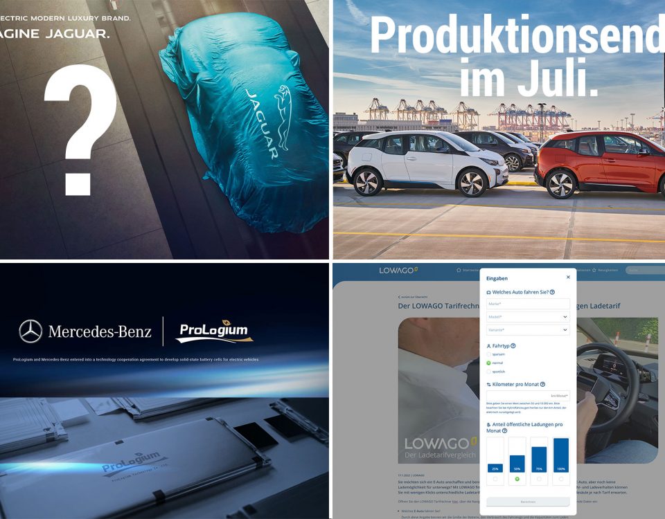 Dienstag Magazin: Trauerspiel Jaguar. BMW-Klassiker i3 wird eingestellt. Ladetarifrechner im Internet. Mercedes-Benz investiert in Solid State-Batterie-Unternehmen.