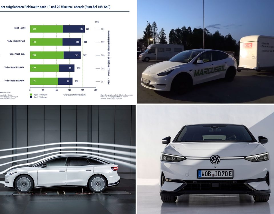 Donnerstag Magazin: Verbrauch Tesla Model Y mit Anhänger. Aerodynamik des VW ID.7. Test: Wer kommt mit 20 Minuten Ladung am weitesten?